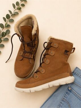 Sorel Explorer Joan Waterproof Suede Boots Brown Faux Fur Women’s 9